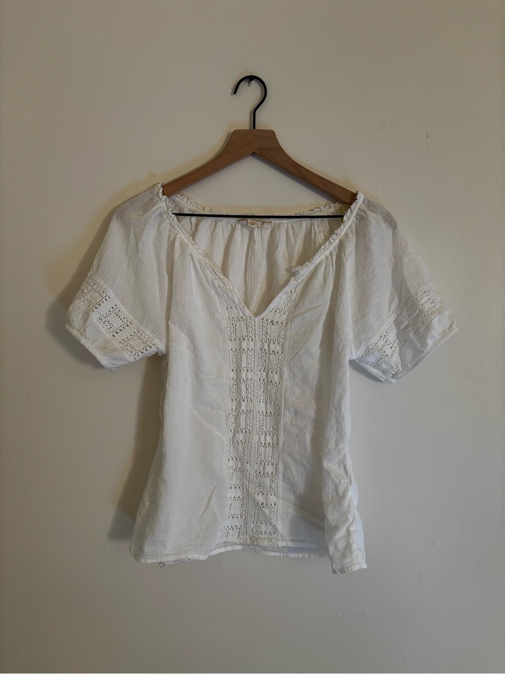 Lucky Brand Granny Square Crochet Accent Puff Sleeve Cotton Top